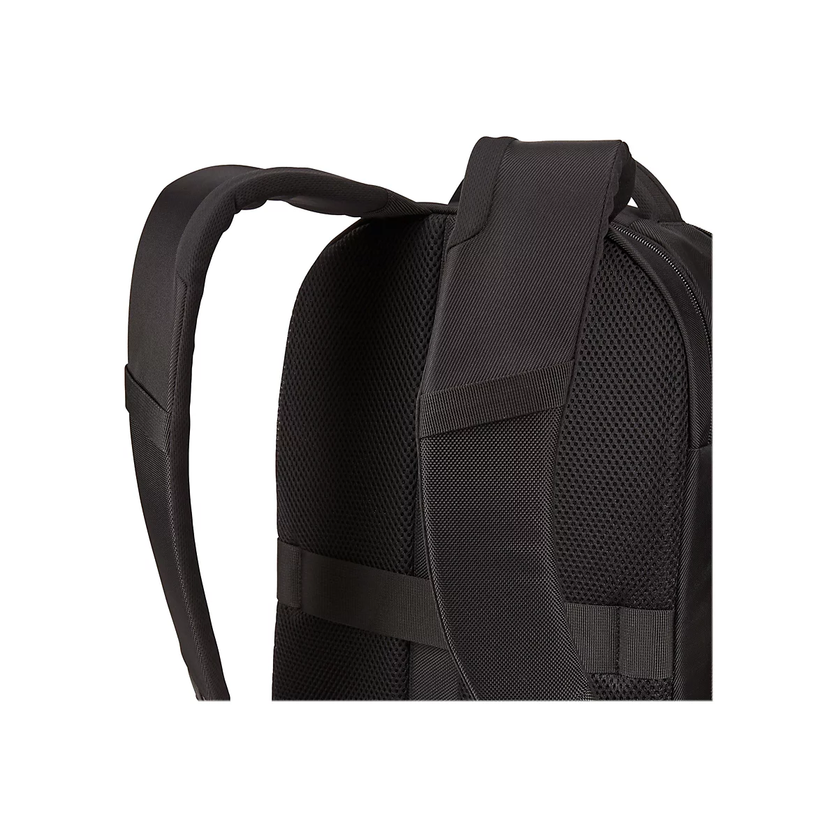 Nahaufnahme eines schwarzen Rucksacks. Gepolsterte Schultergurte und RÃ¼ckenpartie.