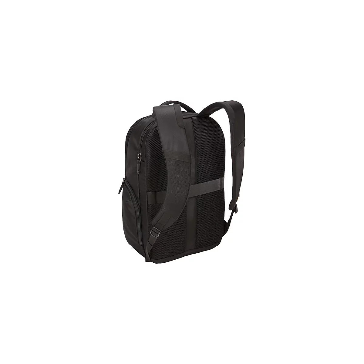Schwarzer Rucksack, RÃ¼ckansicht. Gepolsterte TrÃ¤ger, Mesh-RÃ¼ckenteil. ReiÃŸverschlÃ¼sse und VerstÃ¤rkungen.