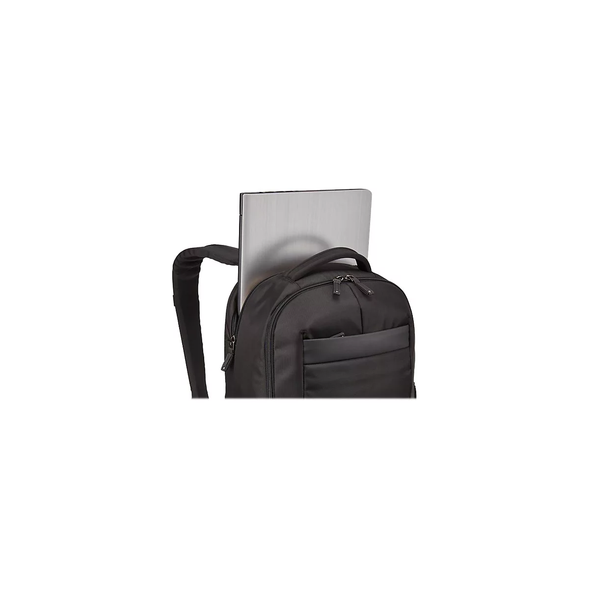 Schwarzer Rucksack mit einem Laptop. Der Laptop befindet sich in der Ã¤uÃŸeren Tasche des Rucksacks.