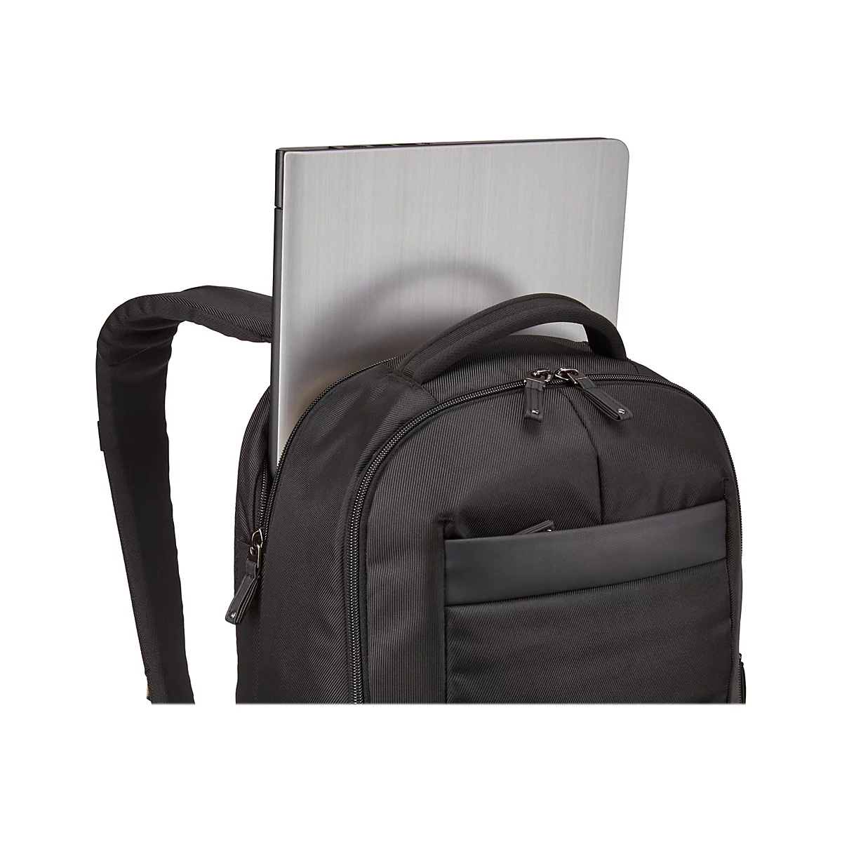 Schwarzer Rucksack mit silbernem Laptop in der RÃ¼ckentasche. Der Rucksack hat TrÃ¤ger, einen Tragegriff und eine AuÃŸentasche.