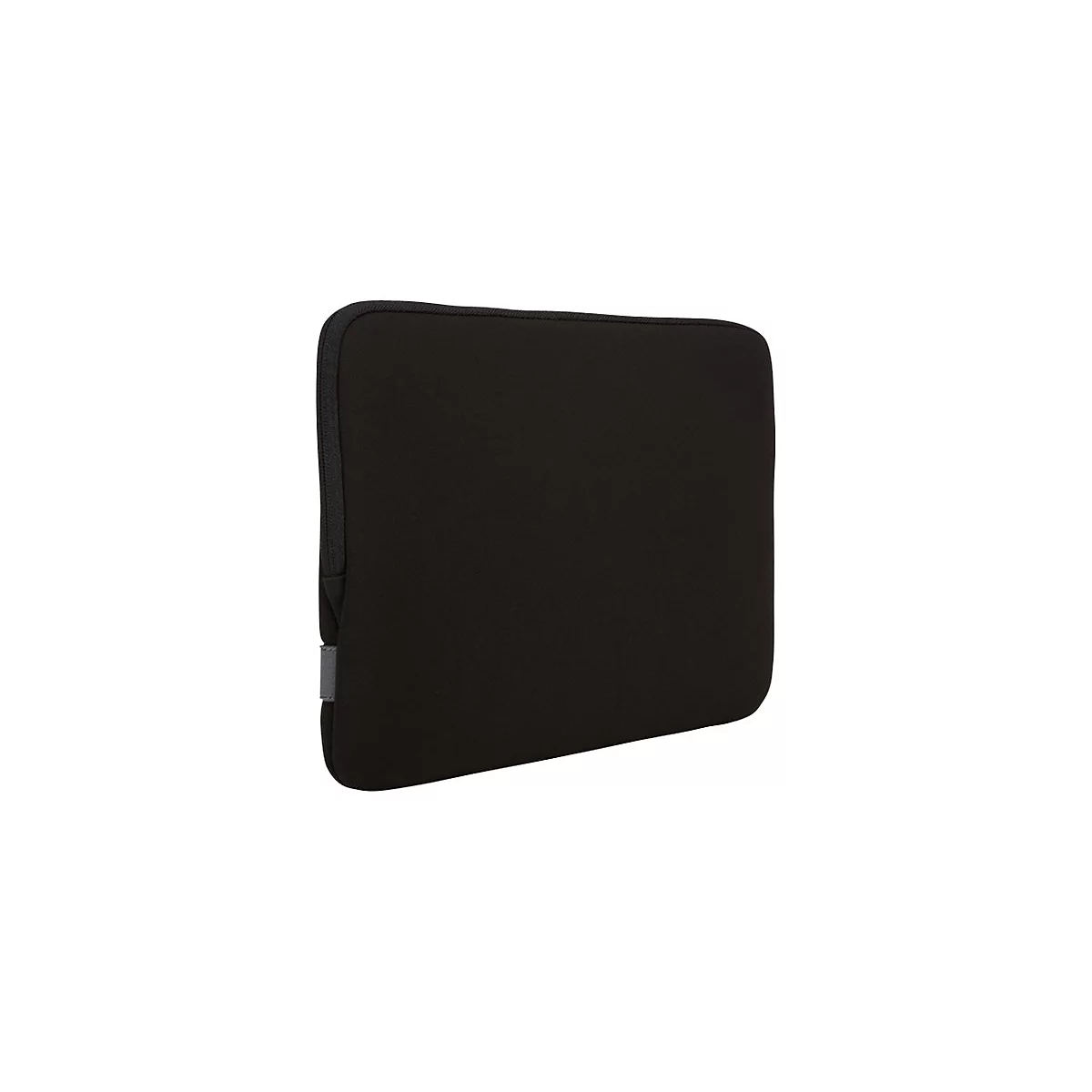 Schwarze Laptoptasche mit Reißverschluss und Eckdetails.