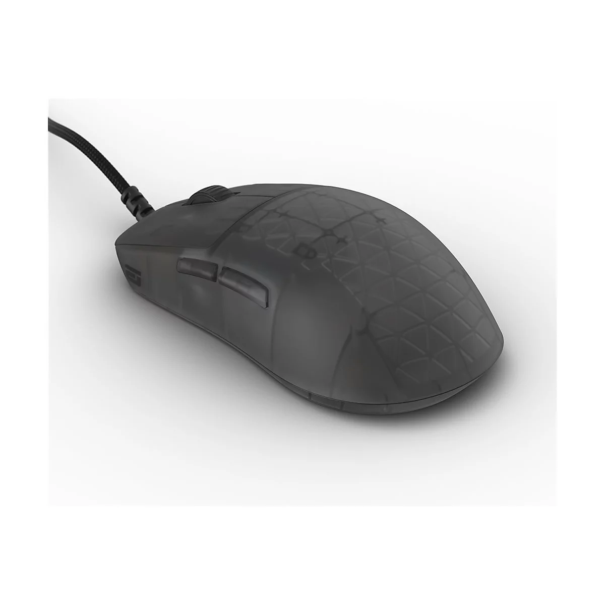 Schwarze, halbtransparente Gaming-Maus mit Gitterstruktur auf dem Gehäuse, vor weißem Hintergrund.