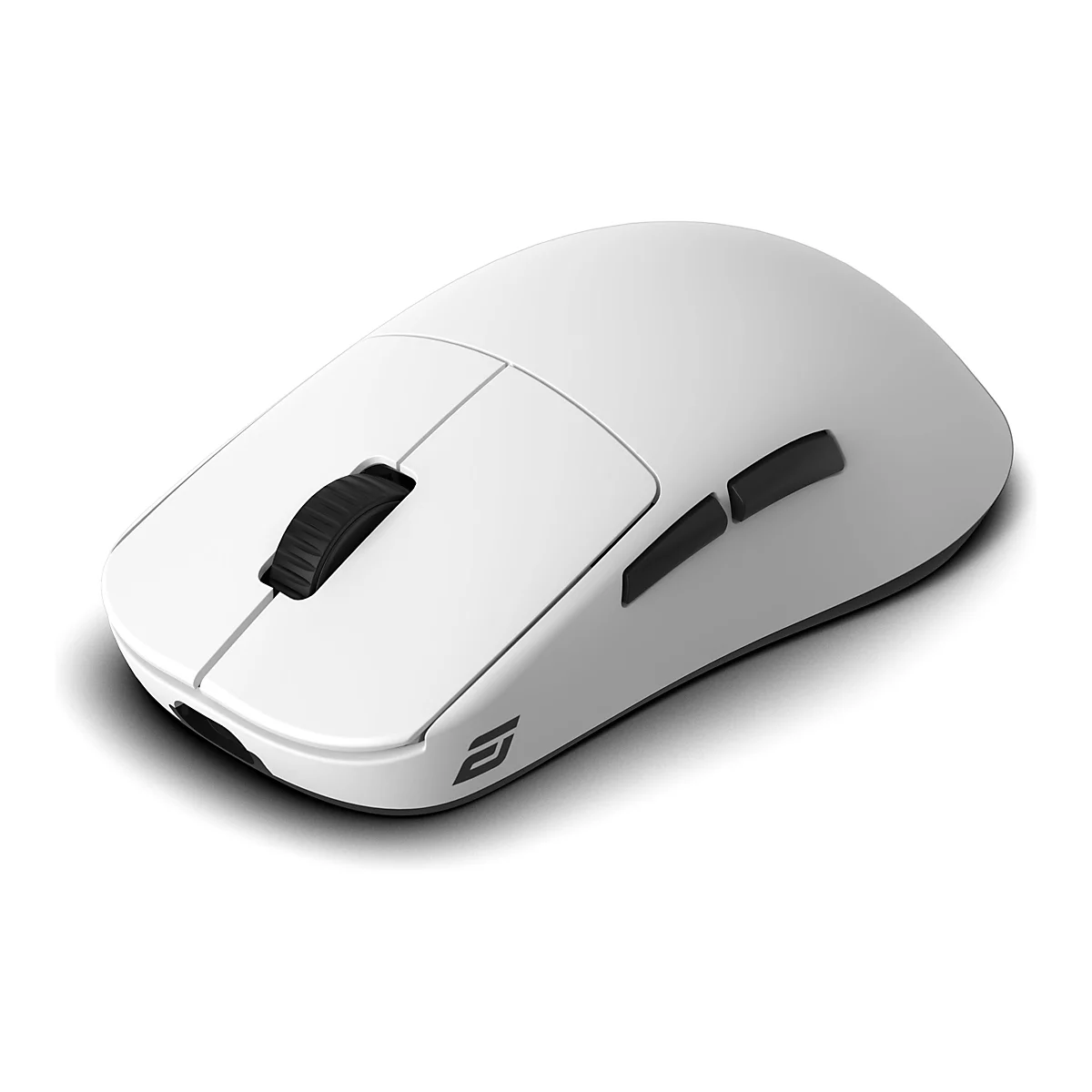 Weiße, kabellose Gaming-Maus mit schwarzem Mausrad und zwei Seitentasten vor weißem Hintergrund.