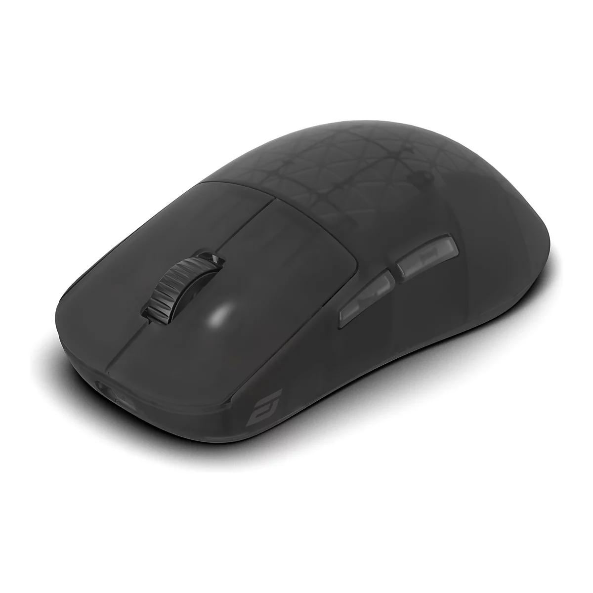 Schwarze, halbtransparente Gaming-Maus mit Gitterstruktur-Design auf weißem Hintergrund.