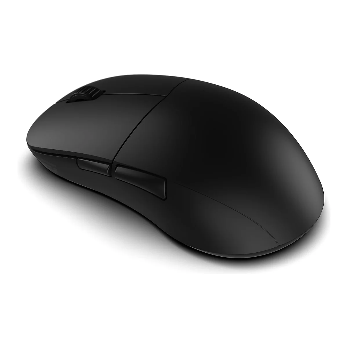 Schwarze kabellose Gaming-Maus mit Daumentasten vor neutralem weißem Hintergrund.