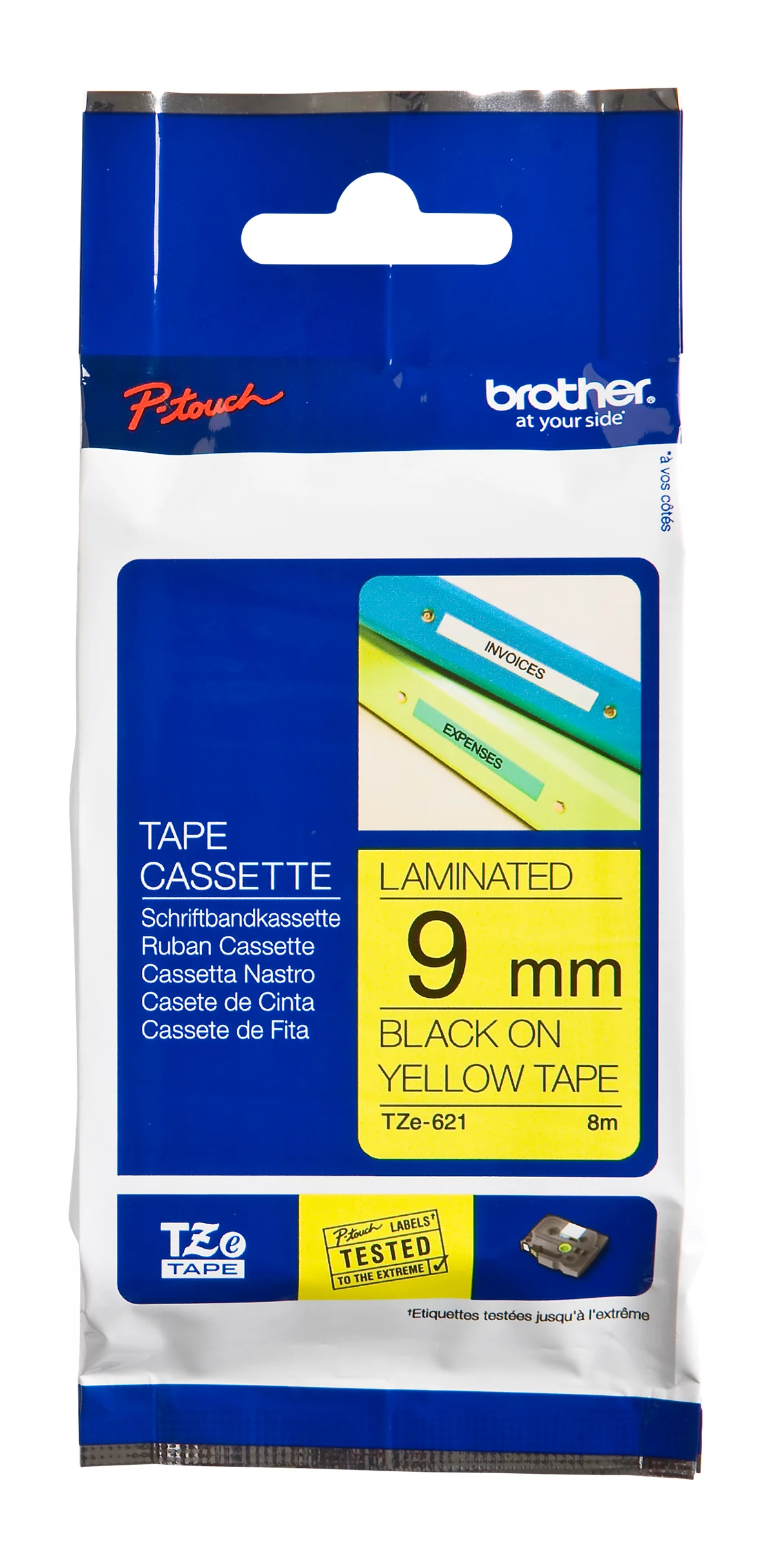 Casete de cinta de escritura Brother TZe-621, autoadhesivo, L 8 m x A 9 mm, amarillo/negro