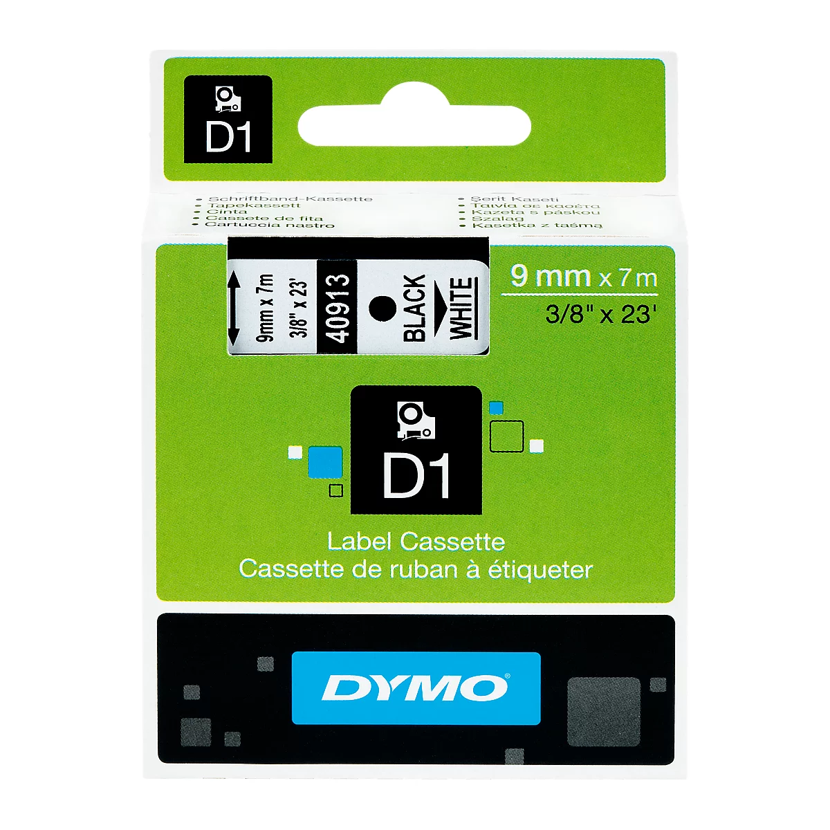 Casete de cinta de escritura DYMO® D1 40913, 9 mm de ancho, blanco/negro