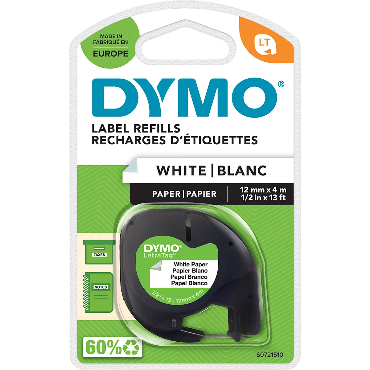 Casete de cinta para DYMO® Letra Tag, papel, 12 mm, blanco