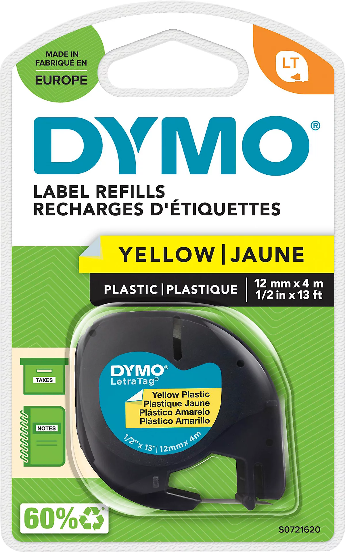 Casete de cinta para DYMO® Letra Tag, plástico, 12 mm, amarillo