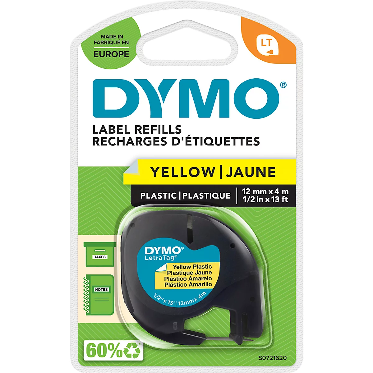 Casete de cinta para DYMO® Letra Tag, plástico, 12 mm, amarillo