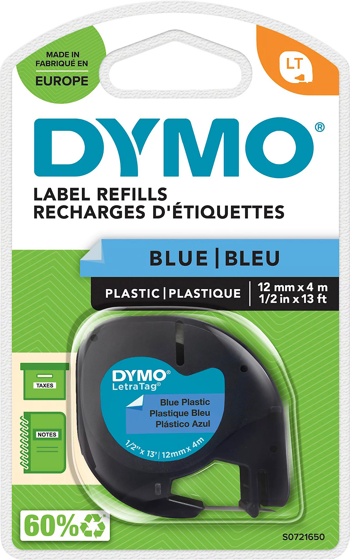 Casete de cinta para DYMO® Letra Tag, plástico, 12 mm, azul