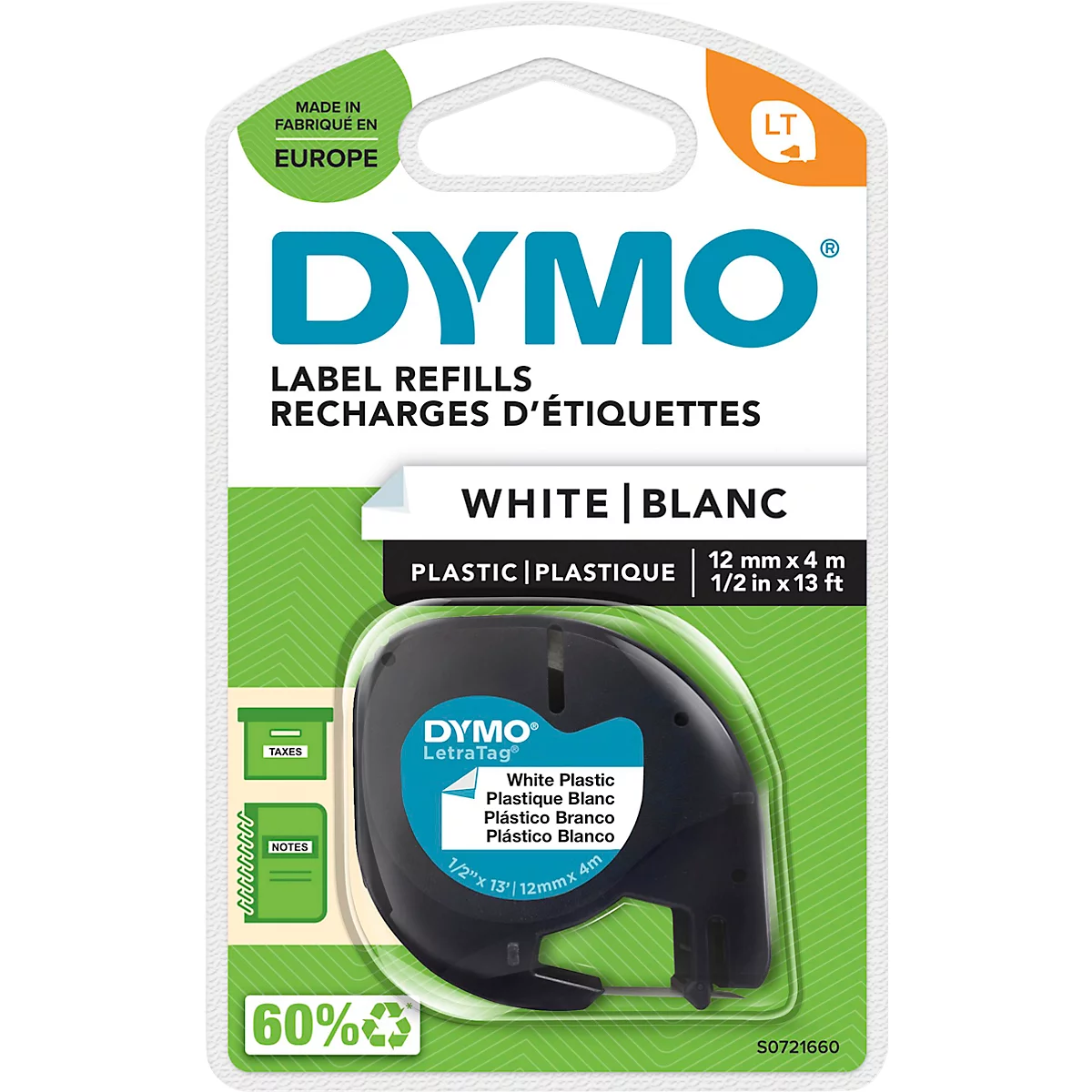 Casete de cinta para DYMO® Letra Tag, plástico, 12 mm, blanco