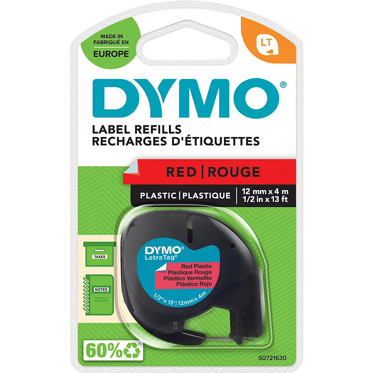 Casete de cinta para DYMO® Letra Tag, plástico, 12 mm, rojo