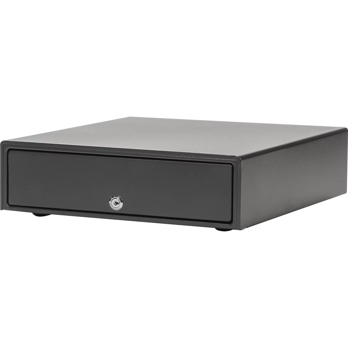 A black, rectangular cash drawer, front with a keyhole.