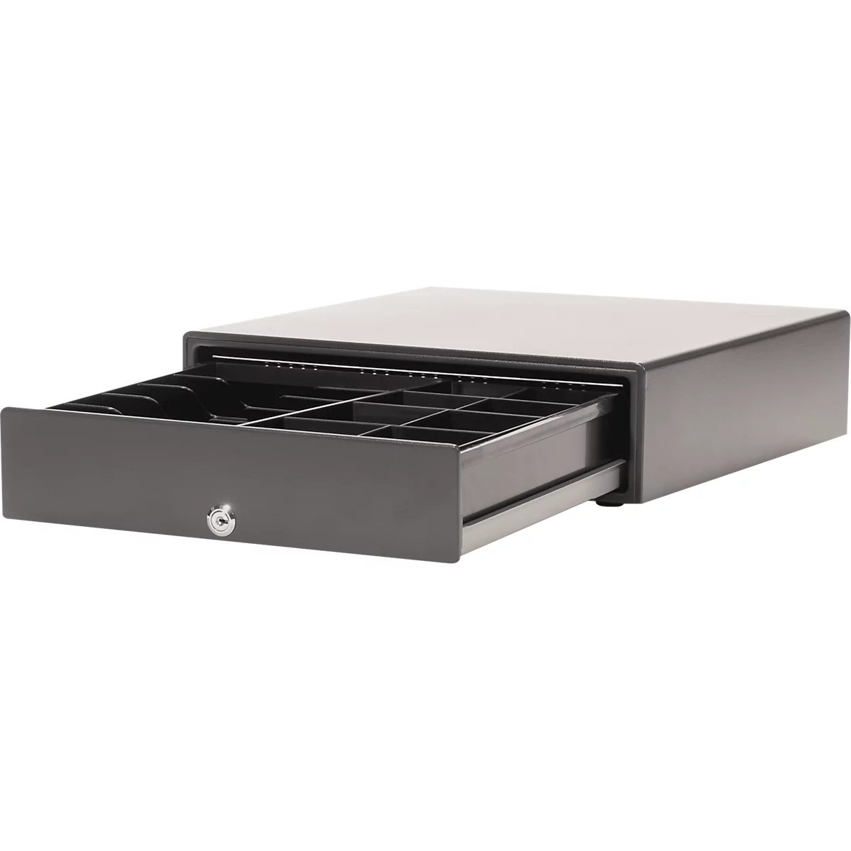 Black cash drawer, partially open. Inside with compartments for money and coins. A keyhole at the front.