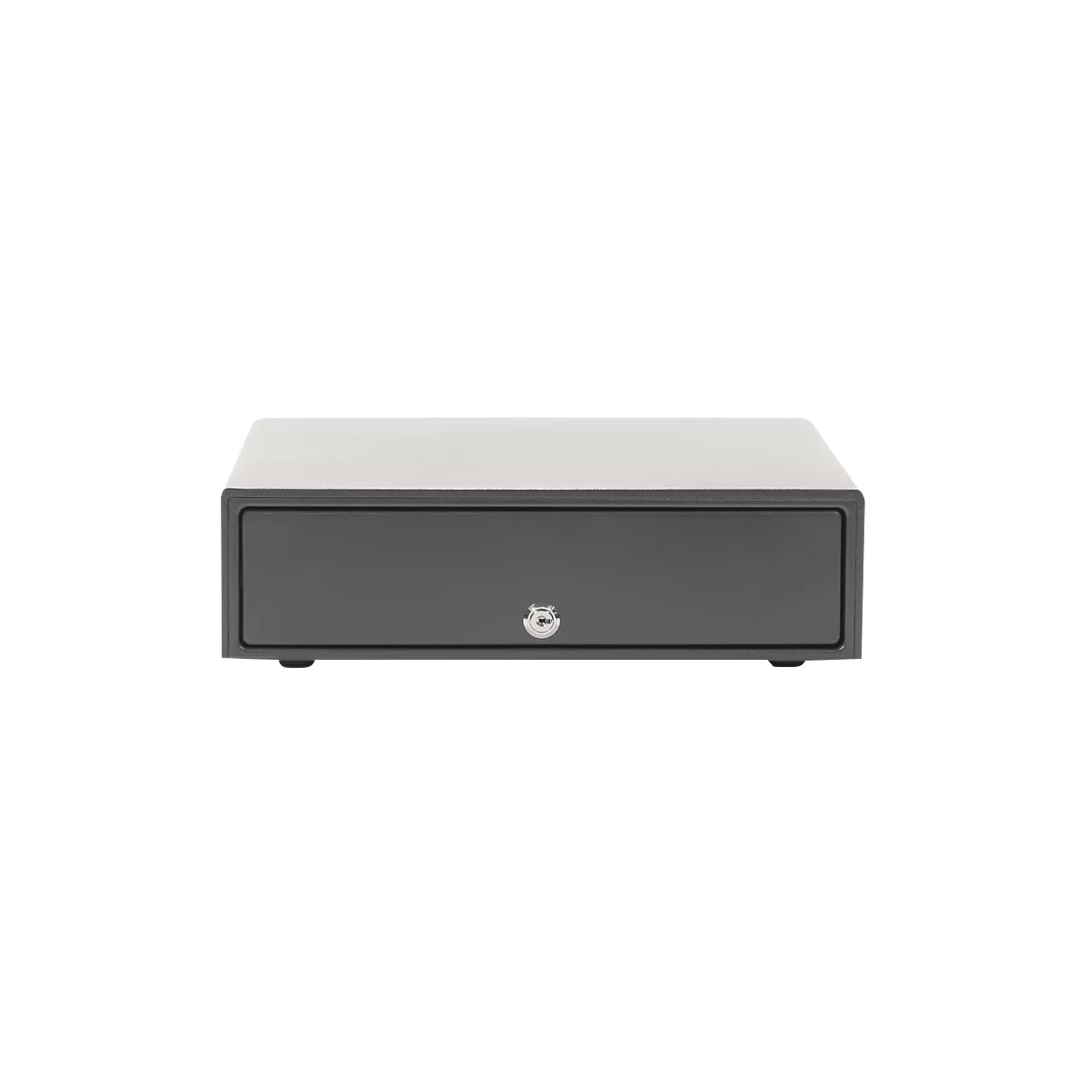 Dark gray cash drawer with a light colored lid. A silver keyhole is visible in the center of the drawer.