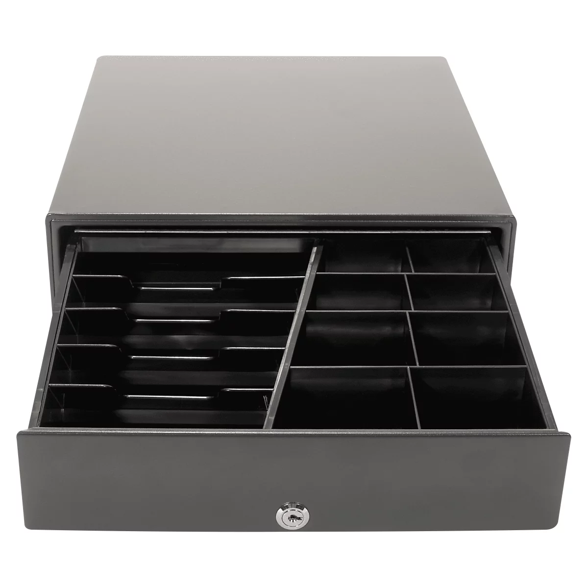 An open black cash register drawer with various compartments and a lock on the front.
