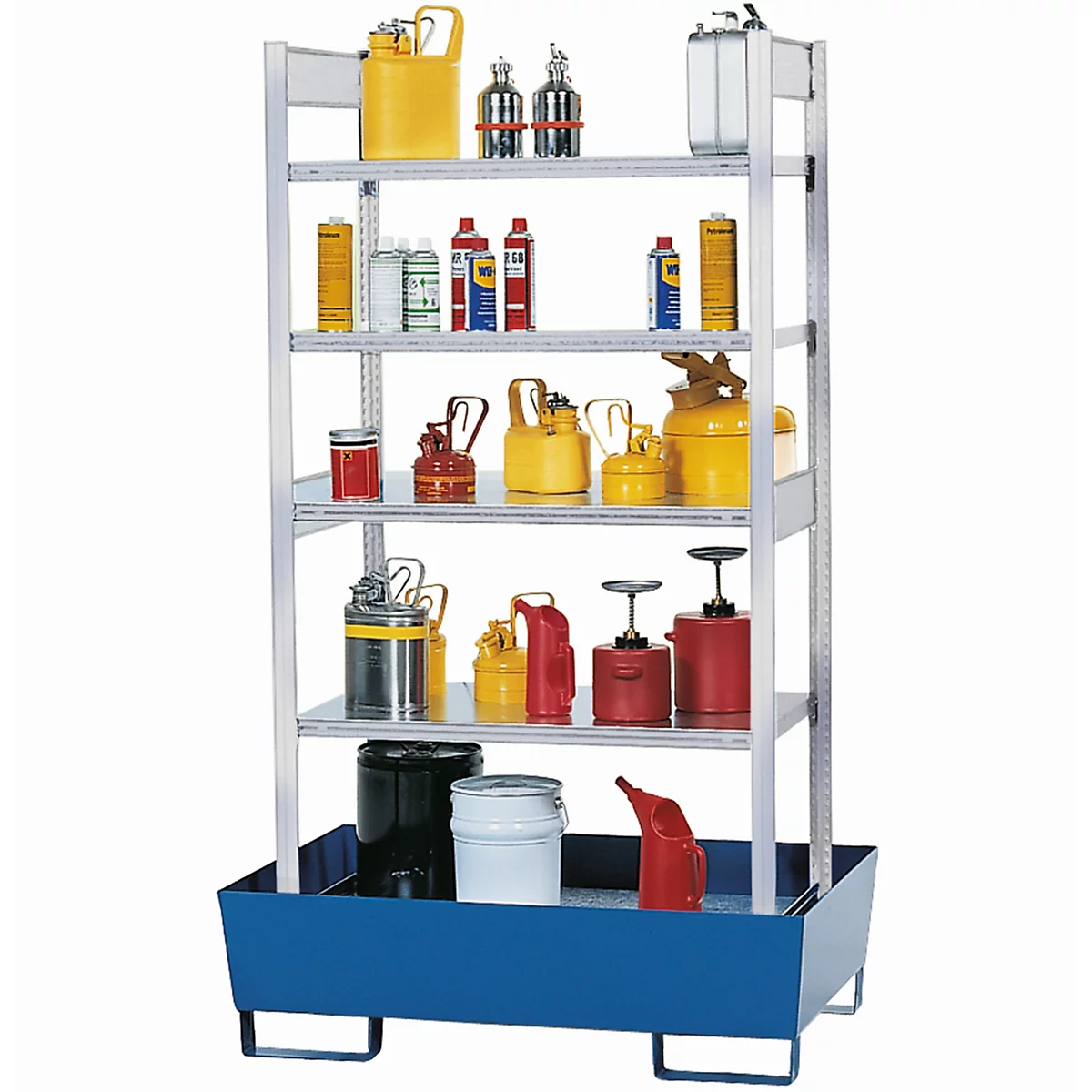 Casier à produits dangereux asecos RWF 1064, L 1236 x P 816 x H 2100 mm, avec bac de rétention de 200 l en acier peint et 4 étagères en acier
