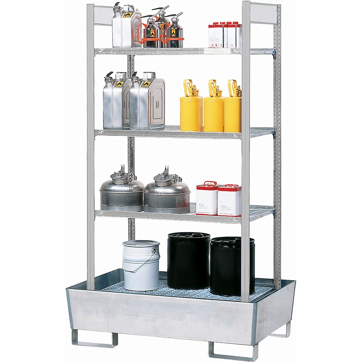 Casier à produits dangereux asecos RWG 1064, L 1236 x P 816 x H 2100 mm, avec bac de rétention de 200 l en acier galvanisé et 4 étagères en acier
