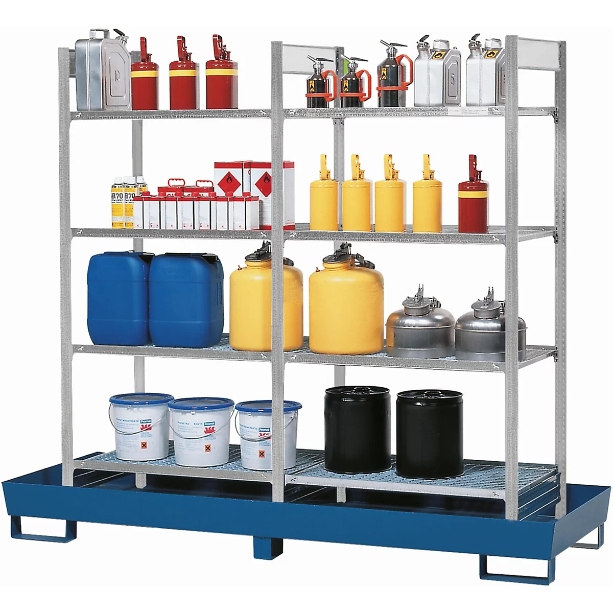 Casier à produits dangereux asecos RWG 2064, L 2470 x P 816 x H 2100 mm, avec bac de rétention de 260 l en acier peint et 4 étagères en treillis métallique