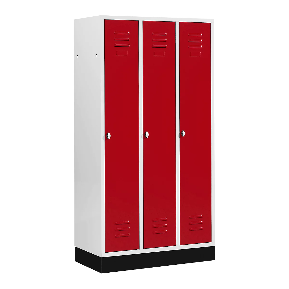 Casier de vestiaires à 3 compartiments, 300 mm, serrure à came batteuse, sur socle, porte rouge rubis