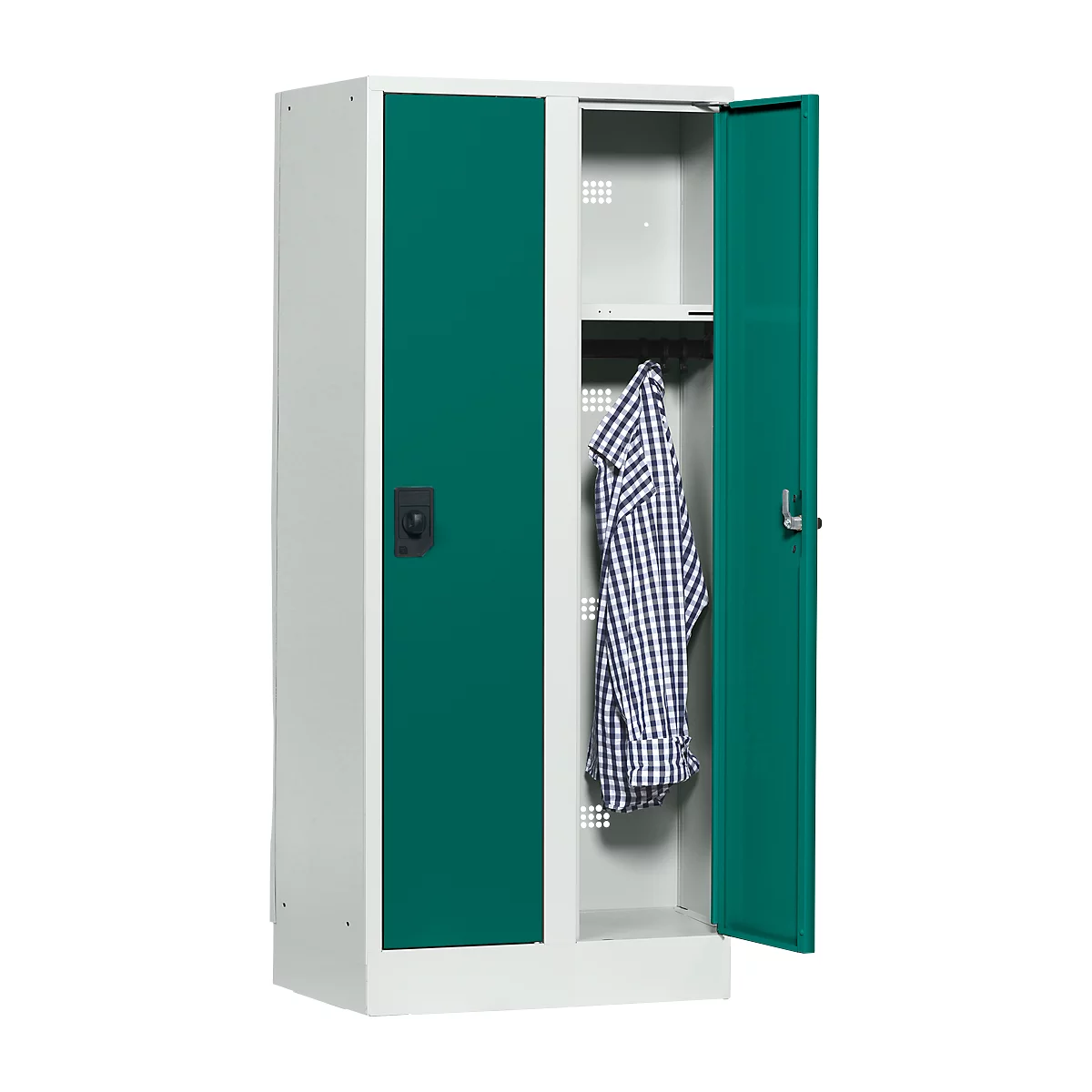 Casier scolaire, l. 600 x H 1400 mm, serrure à cylindre de sécurité, 2 compartiments, gris clair/vert opale