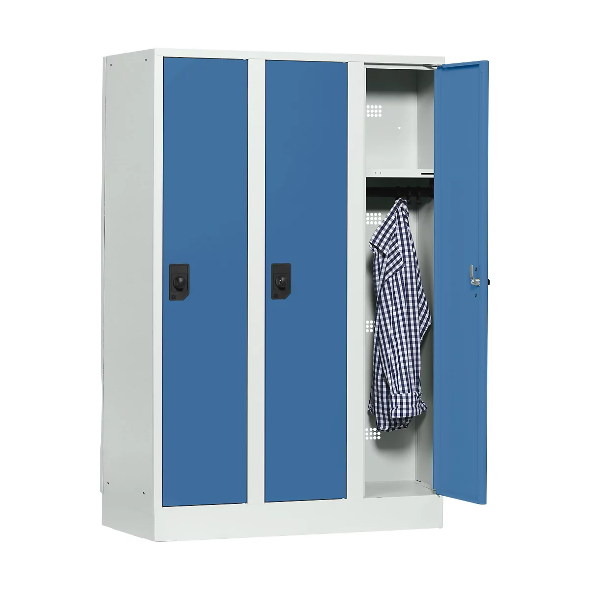 Casier scolaire, largeur de compartiment 300 mm, serrure à cylindre de sécurité, 3 compartiments, gris clair/bleu brillant