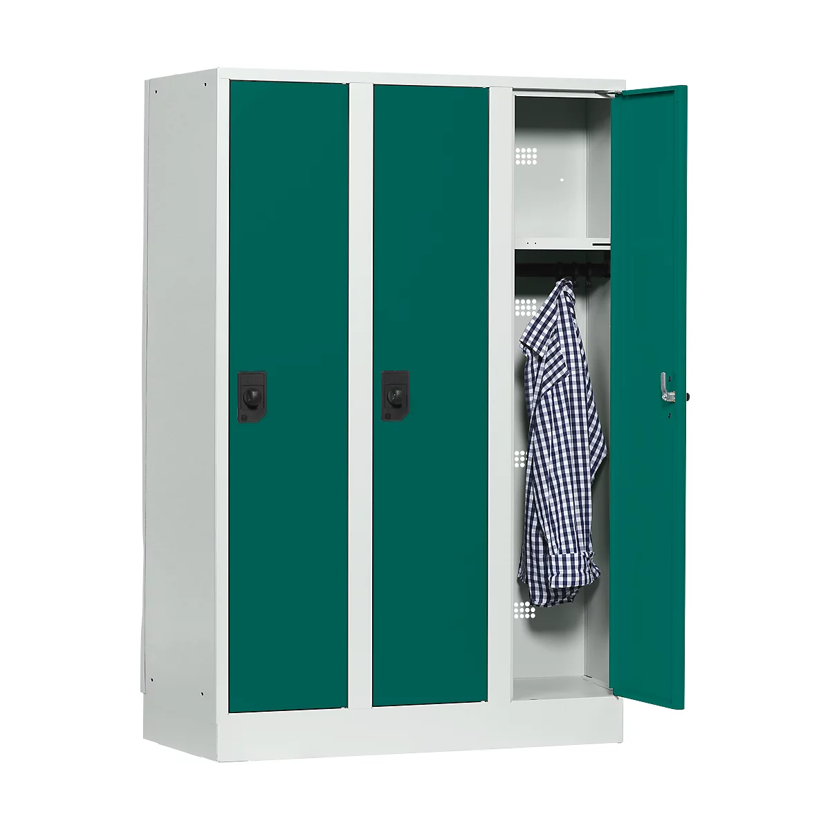 Casier scolaire, largeur de compartiment 300 mm, serrure à cylindre de sécurité, 3 compartiments, gris clair/vert opale