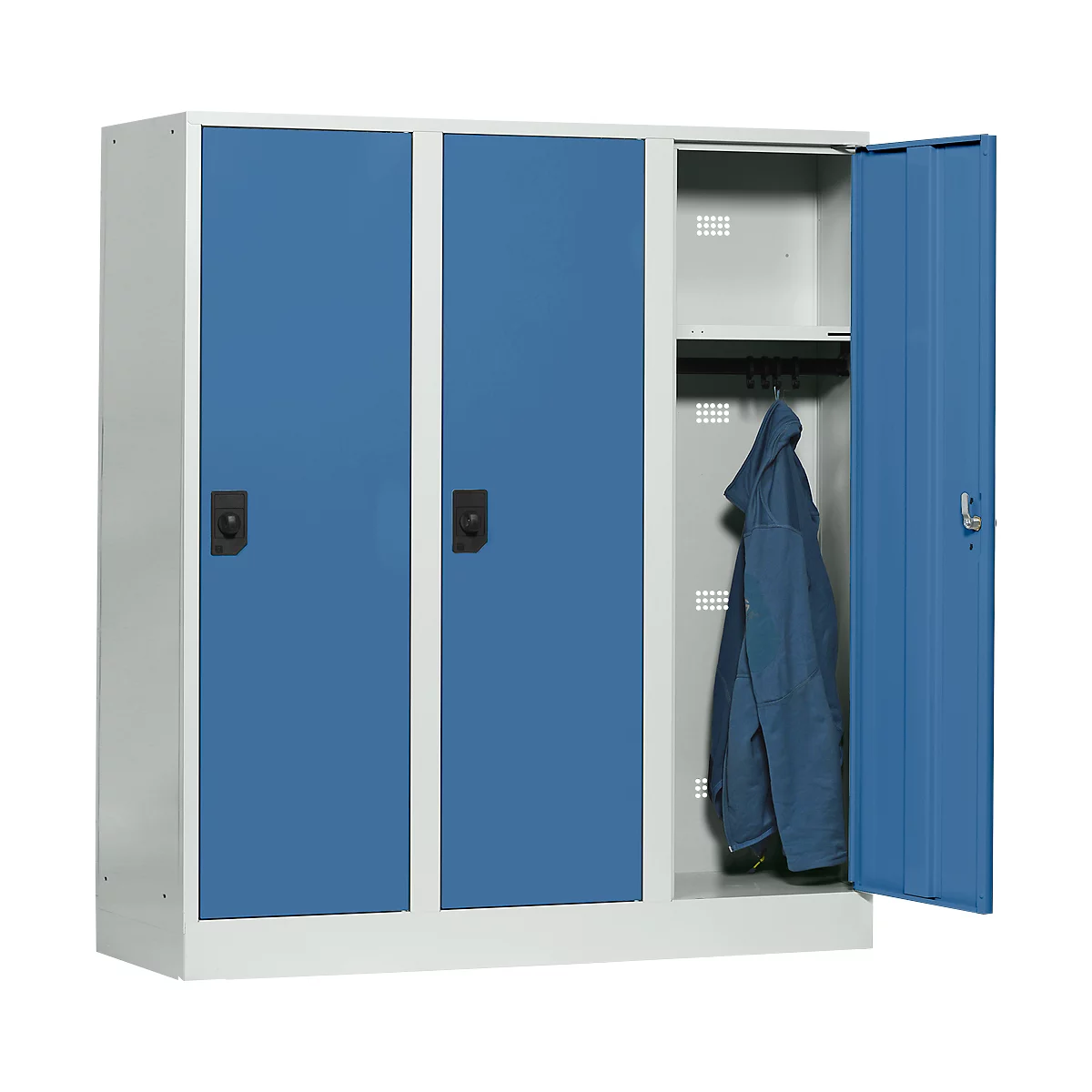 Casier scolaire, largeur de compartiment 400 mm, 3 compartiments, gris clair/bleu brillant