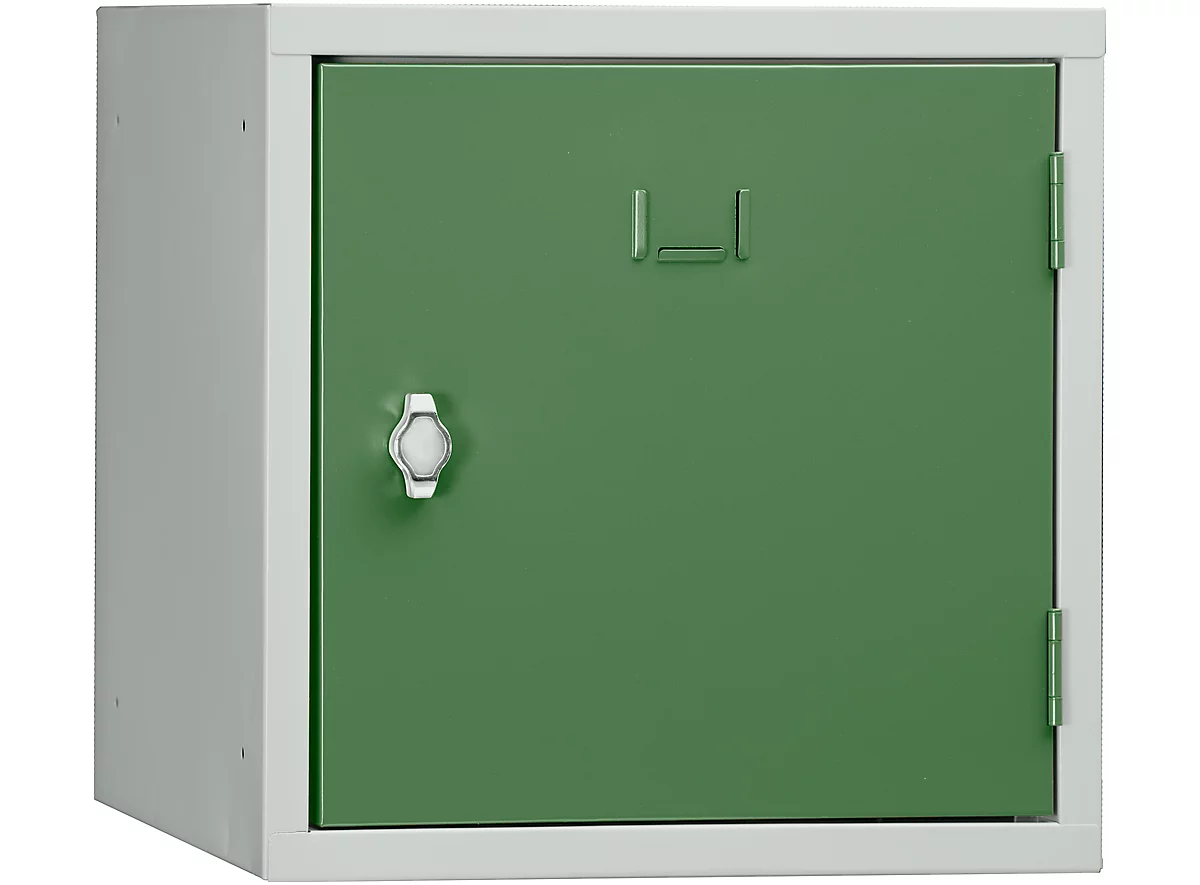 Casillero cubo, bisagra de puerta a la derecha, cierre de pasador giratorio, ampliable, acero, puerta verde (RAL 6011)
