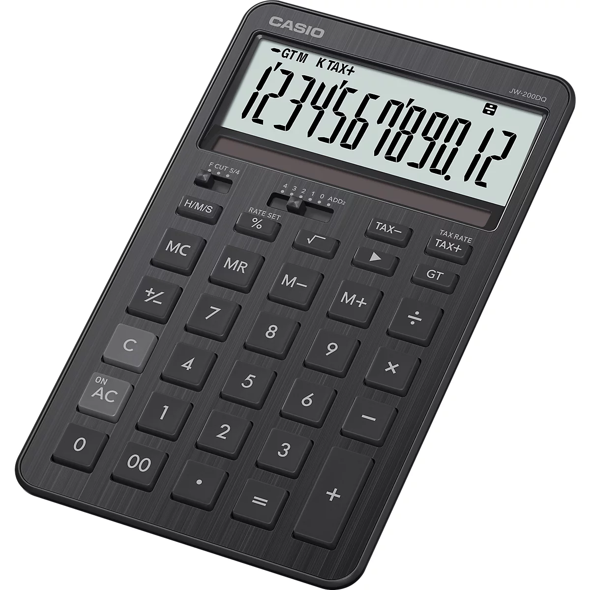 Donkergrijze rekenmachine met witte display, cijfers. Toetsen gelabeld, CASIO logo. Op display: 1234567890.12.