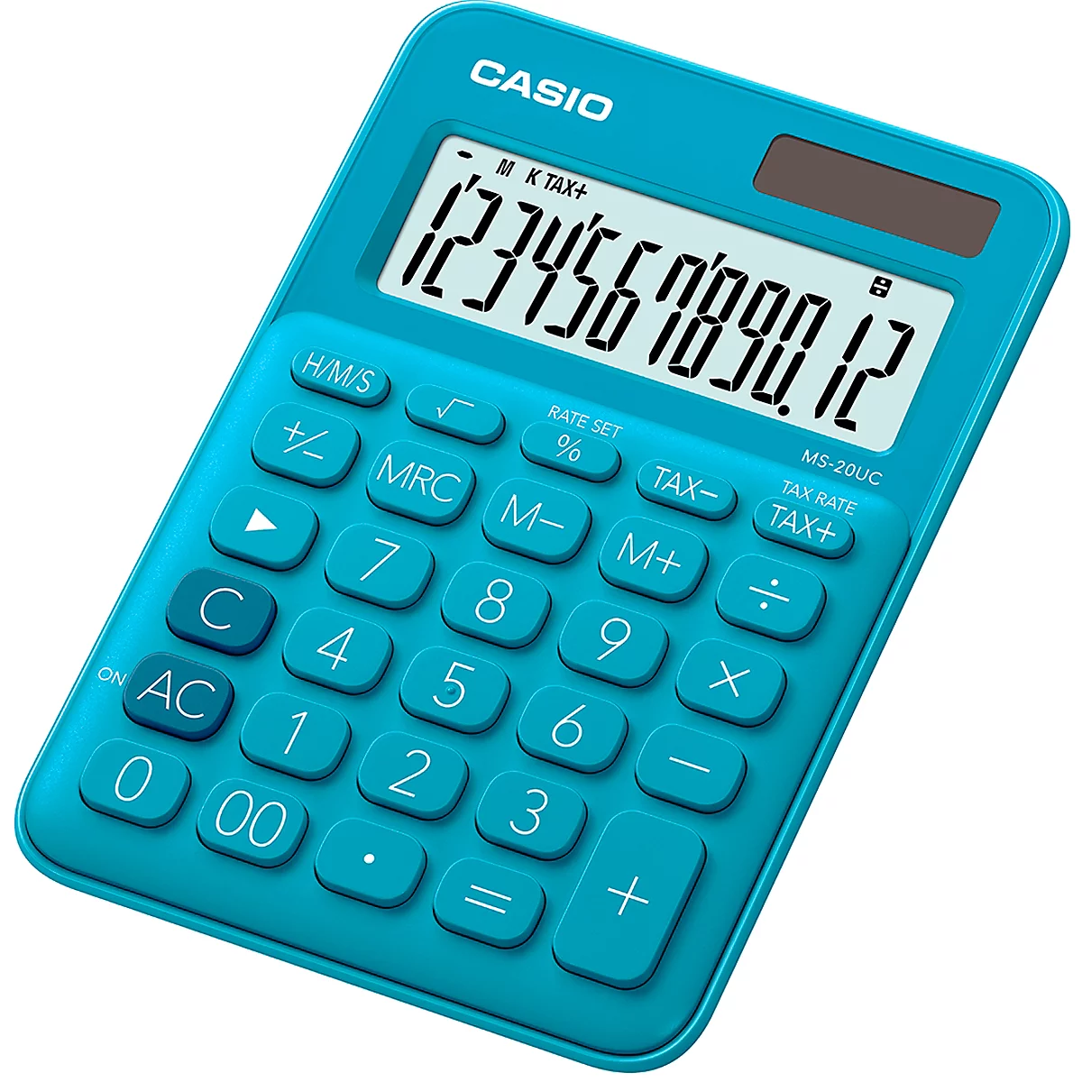 Turquoise calculator with white buttons and display, showing numbers.
