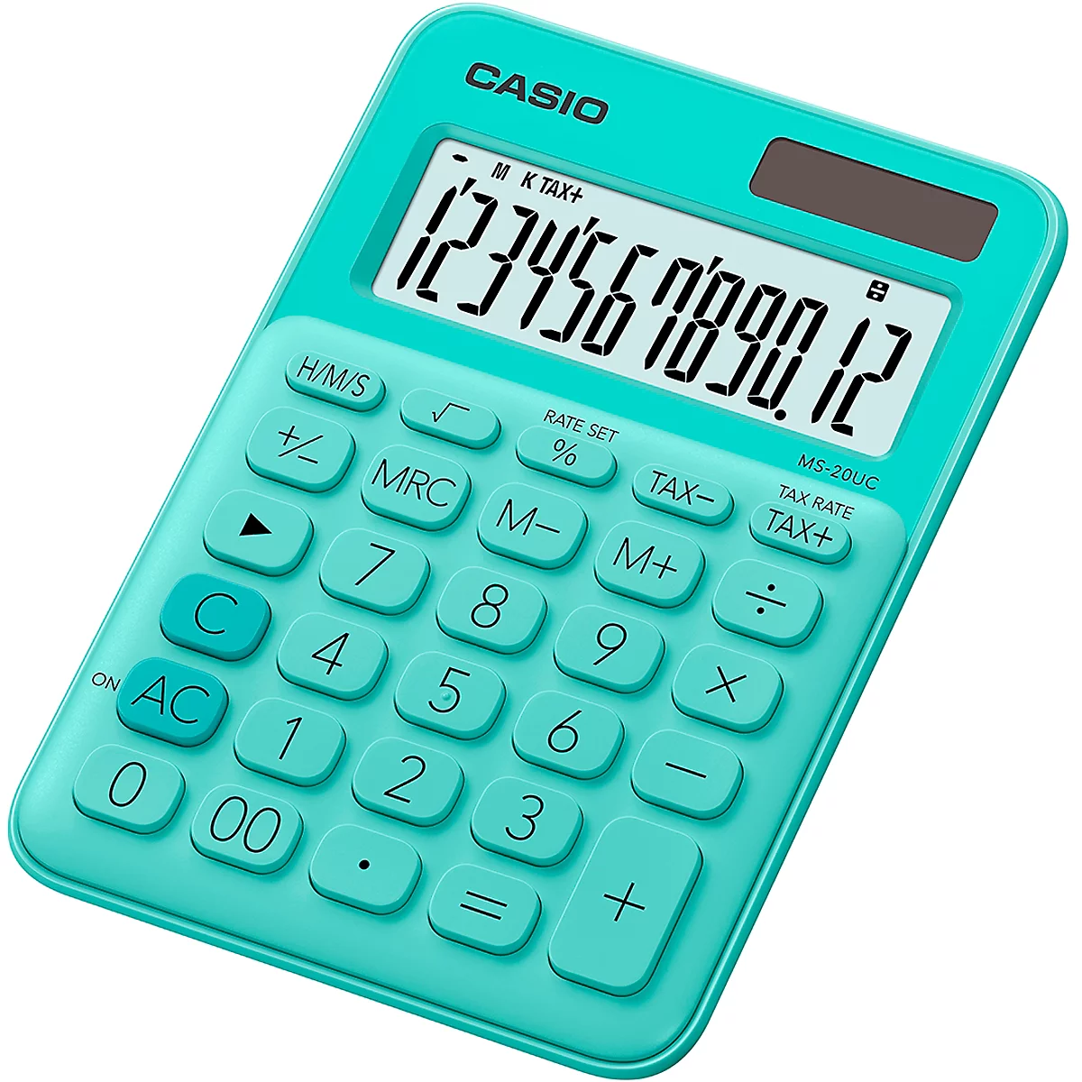 Turquoise calculator with white digits. The display shows the numbers 1234567890.12. The keys feature numbers, symbols and text.