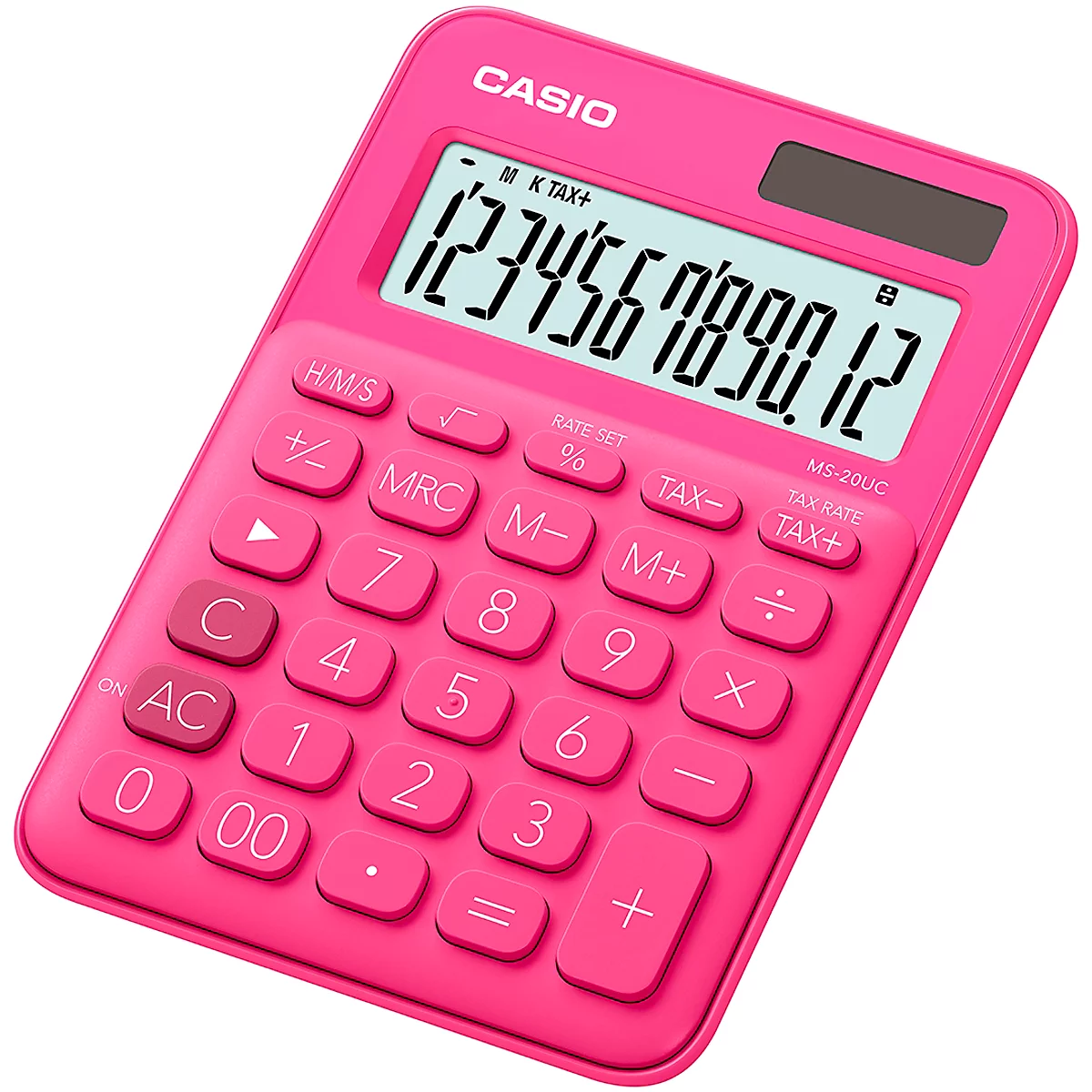 A pink calculator with a number display. Keys labeled "AC", "=", "M+". The displayed numbers are: 1234567890.12.