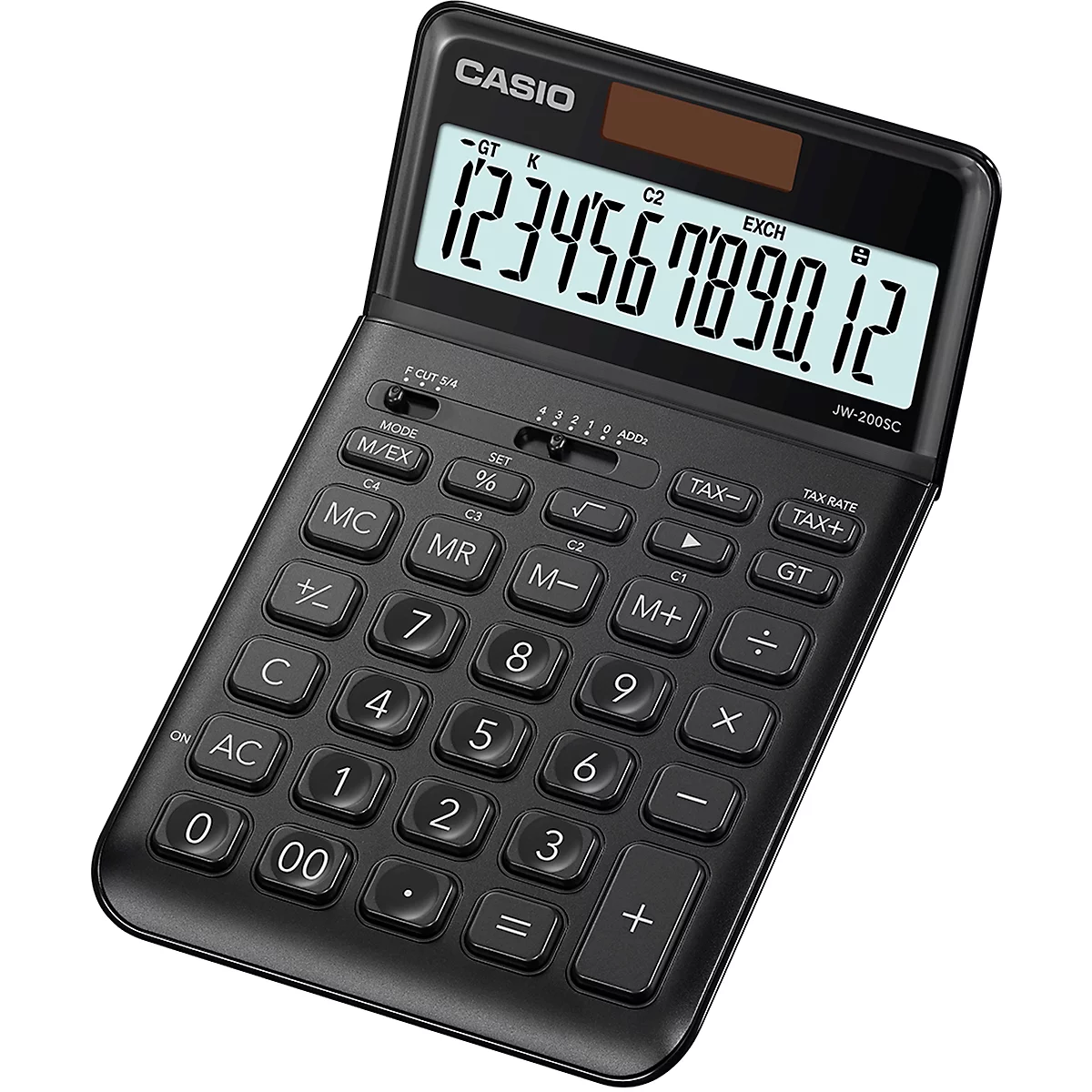 Casio tafelrekenmachine JW-200 SC, 12-cijferig BIG LC-display, werkt op zonne-energie/batterijen, zwart