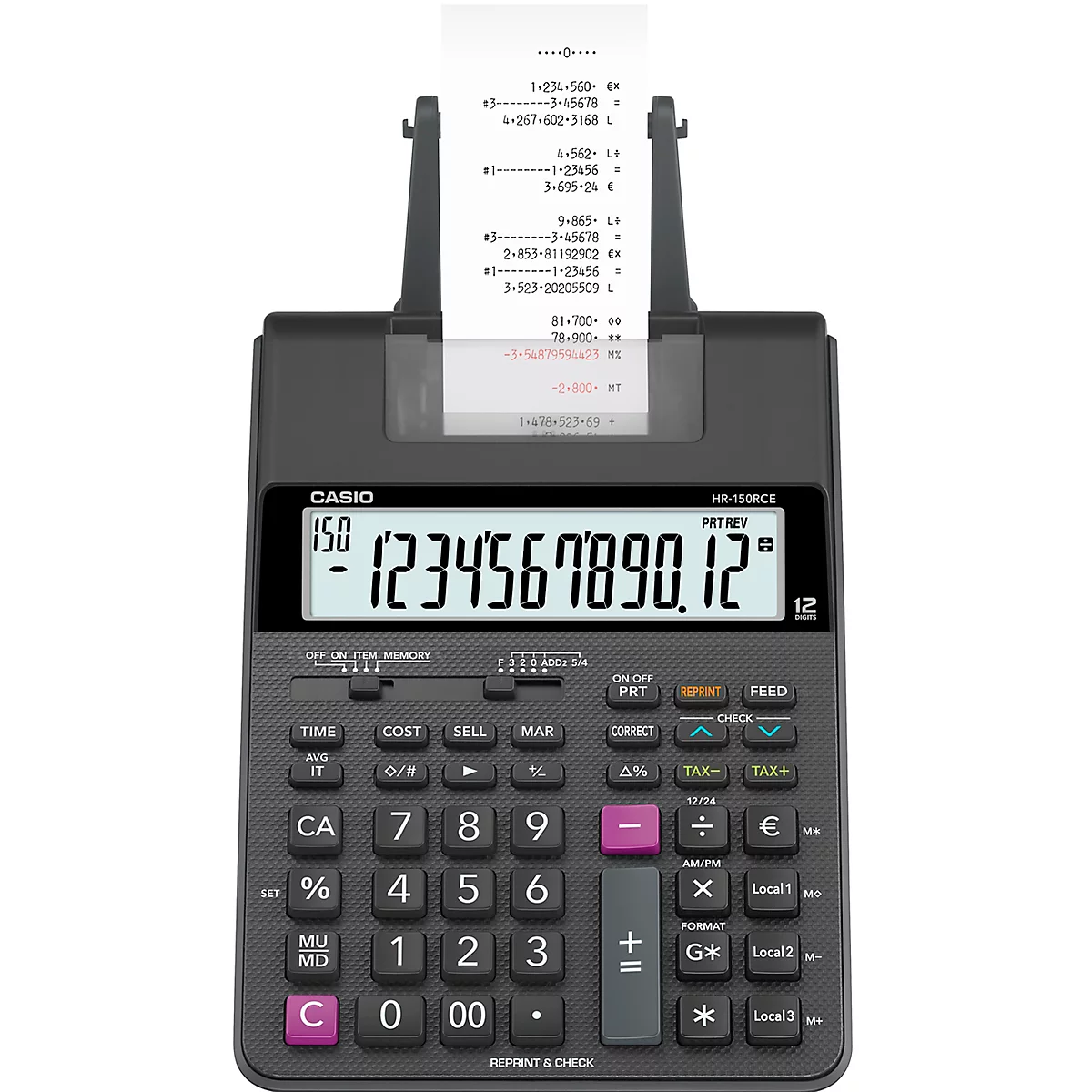 Casio tafelrekenmachine met drukfunctie HR-150RCE, 12-cijferig LC-display, papierbreedte 58 mm