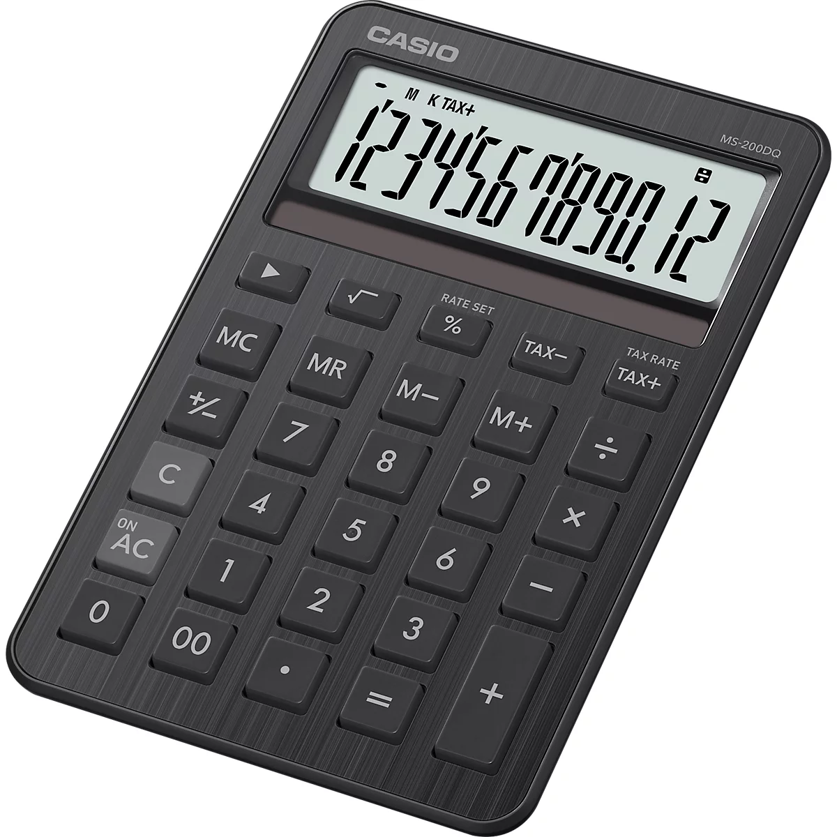 Schwarzer Taschenrechner mit Display, Anzeige: 1234567890,12.