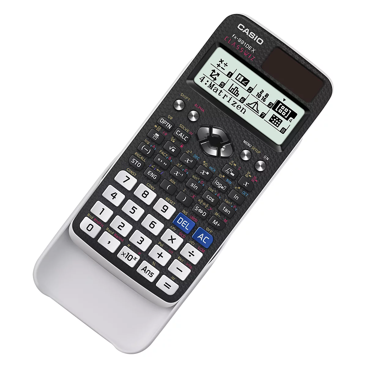 Ein schwarzer Taschenrechner von Casio mit weißem Schutz, Display mit Text und Symbolen.