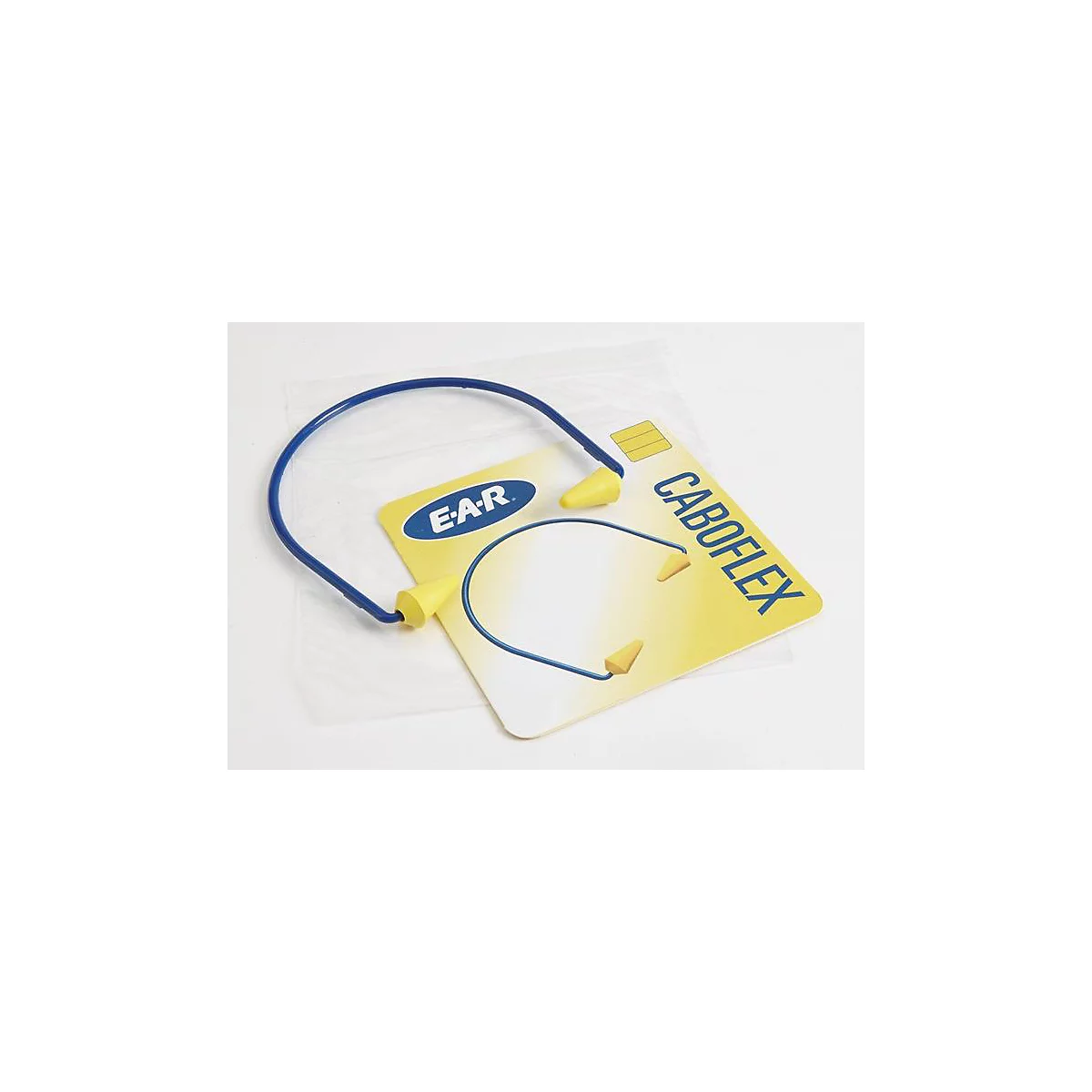 Bouchons d'oreille avec un serre-tête bleu et des embouts jaunes, posés sur une carte jaune avec l'inscription "CABOFLEX".