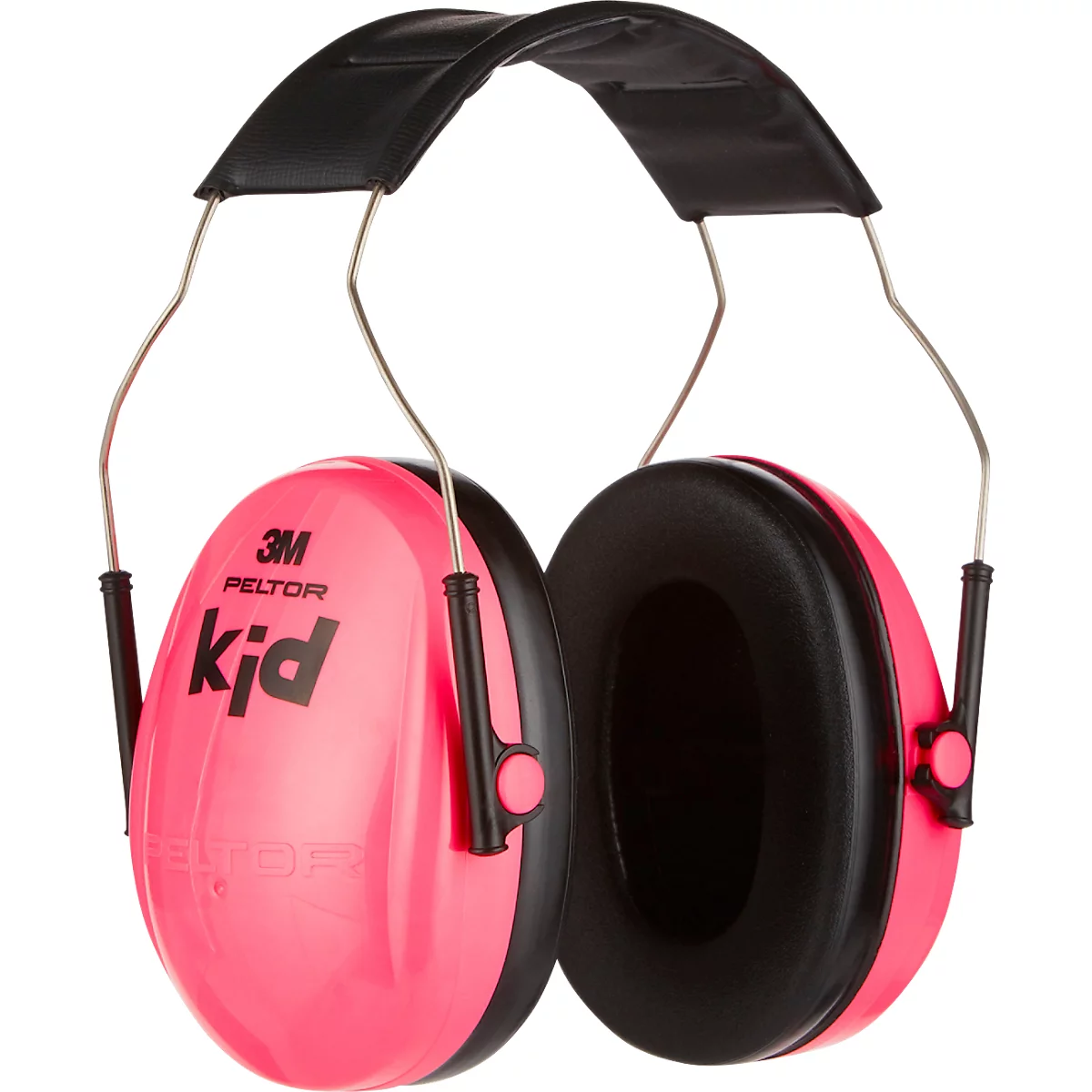 Casque anti-bruit rose vif avec bordure noire et le mot "kid". Des supports métalliques relient les écouteurs. Bandeau noir.