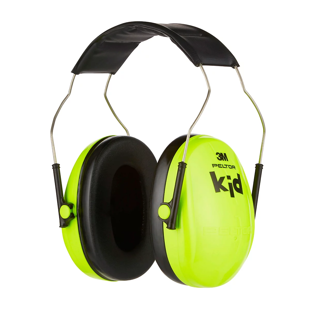 Protection auditive vert vif avec bandeau noir. Le mot 'kid' est visible sur les coquilles.