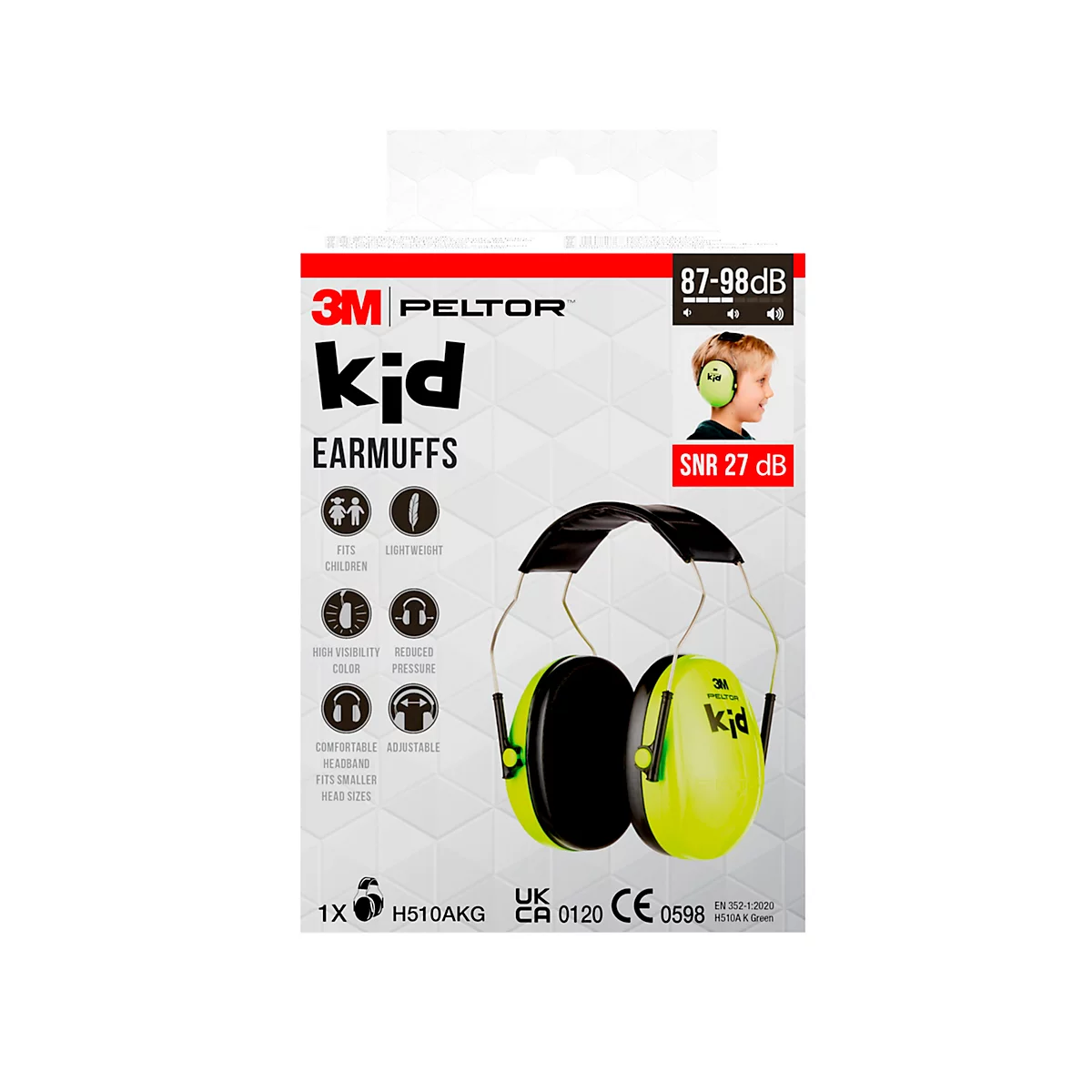 Cache-oreilles jaunes pour enfants sur une boîte blanche avec des informations sur le produit.
