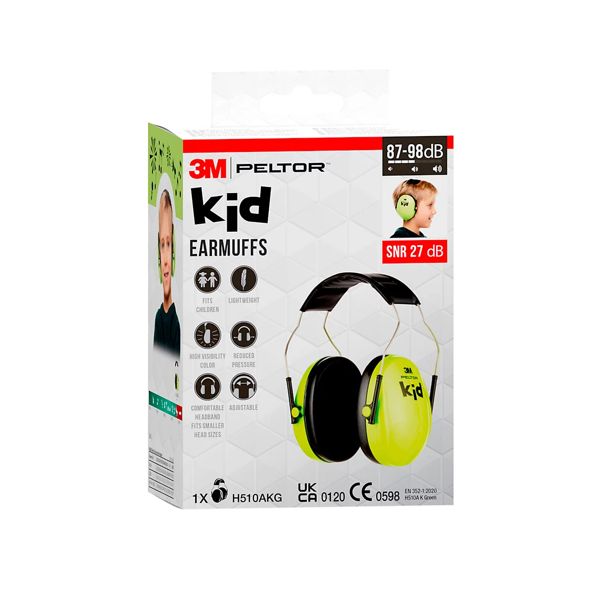 Cache-oreilles vert vif avec serre-tête noir. Les écouteurs portent l'inscription "3M Peltor kid".
