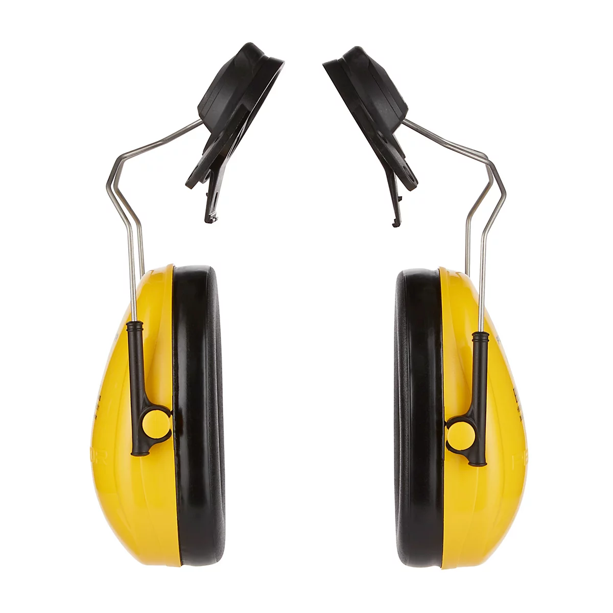 Protection auditive jaune et noire sur fond blanc.