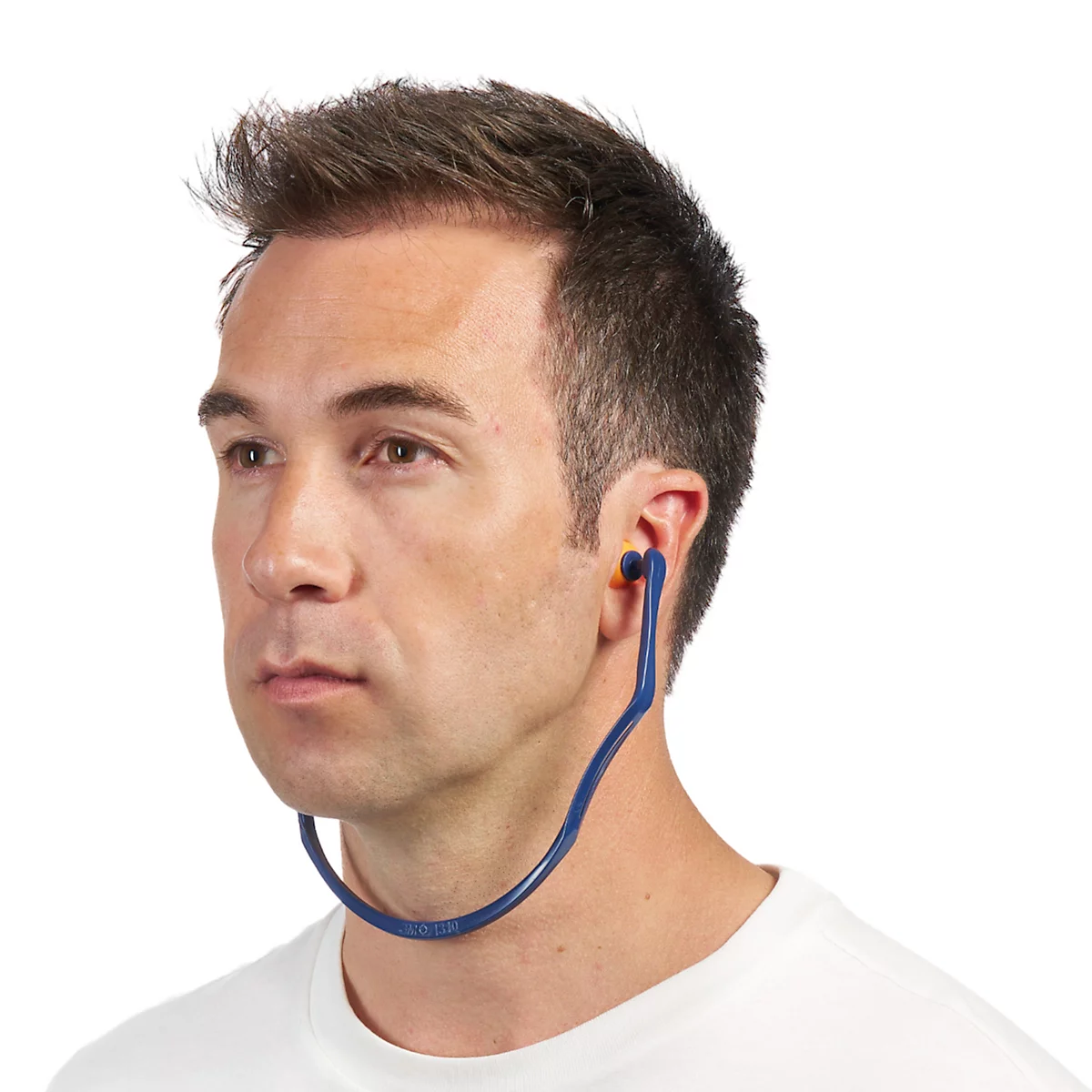Boîte noire avec des bouchons d'oreille 3M. Poignée en haut, image du produit et tableau à droite.