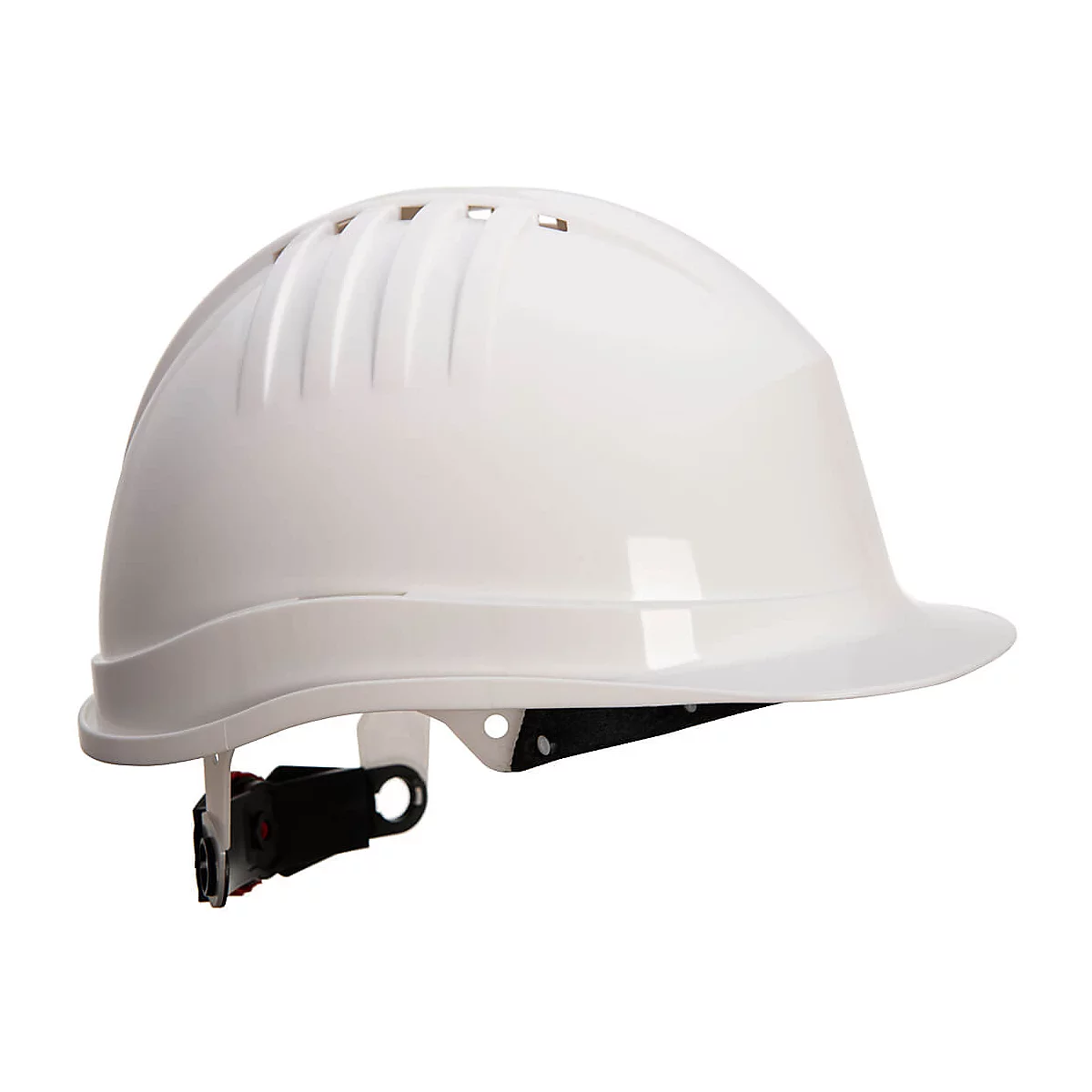 Casque de sécurité blanc avec visière et trous de ventilation, vu de côté.