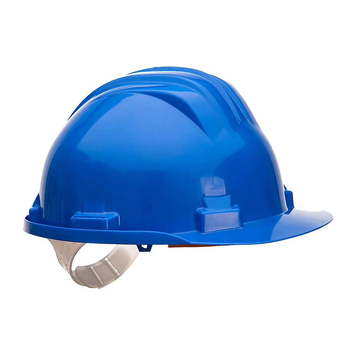 Casque de chantier bleu sur fond blanc. Sa forme est aérodynamique et protectrice.