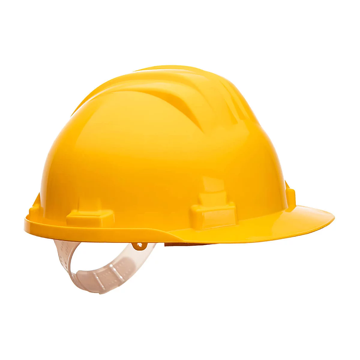 Casque de sécurité jaune, vue latérale, avec mentonnière, isolé sur fond blanc.