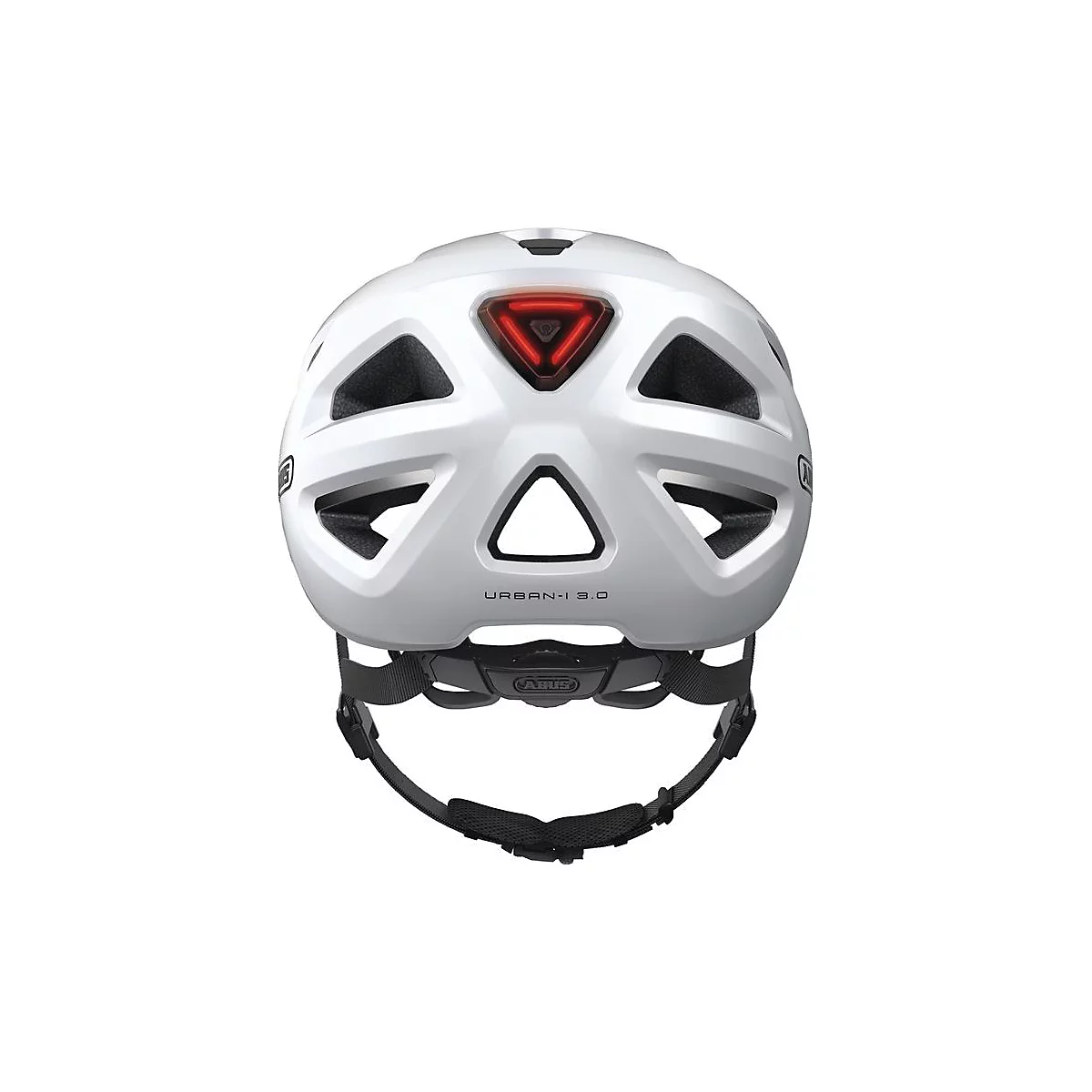 Vue arrière d'un casque de vélo blanc avec un feu arrière rouge. Sangles noires et inscription "URBAN-I 3.0".