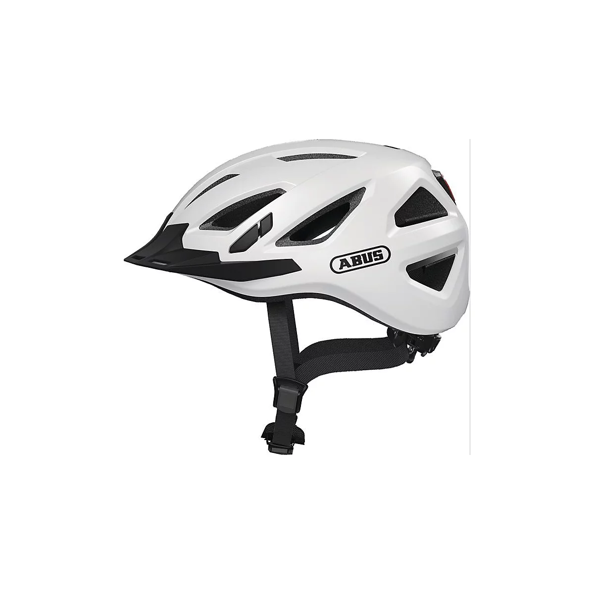 Casque de vélo blanc avec visière et mentonnière noire, logo ABUS.